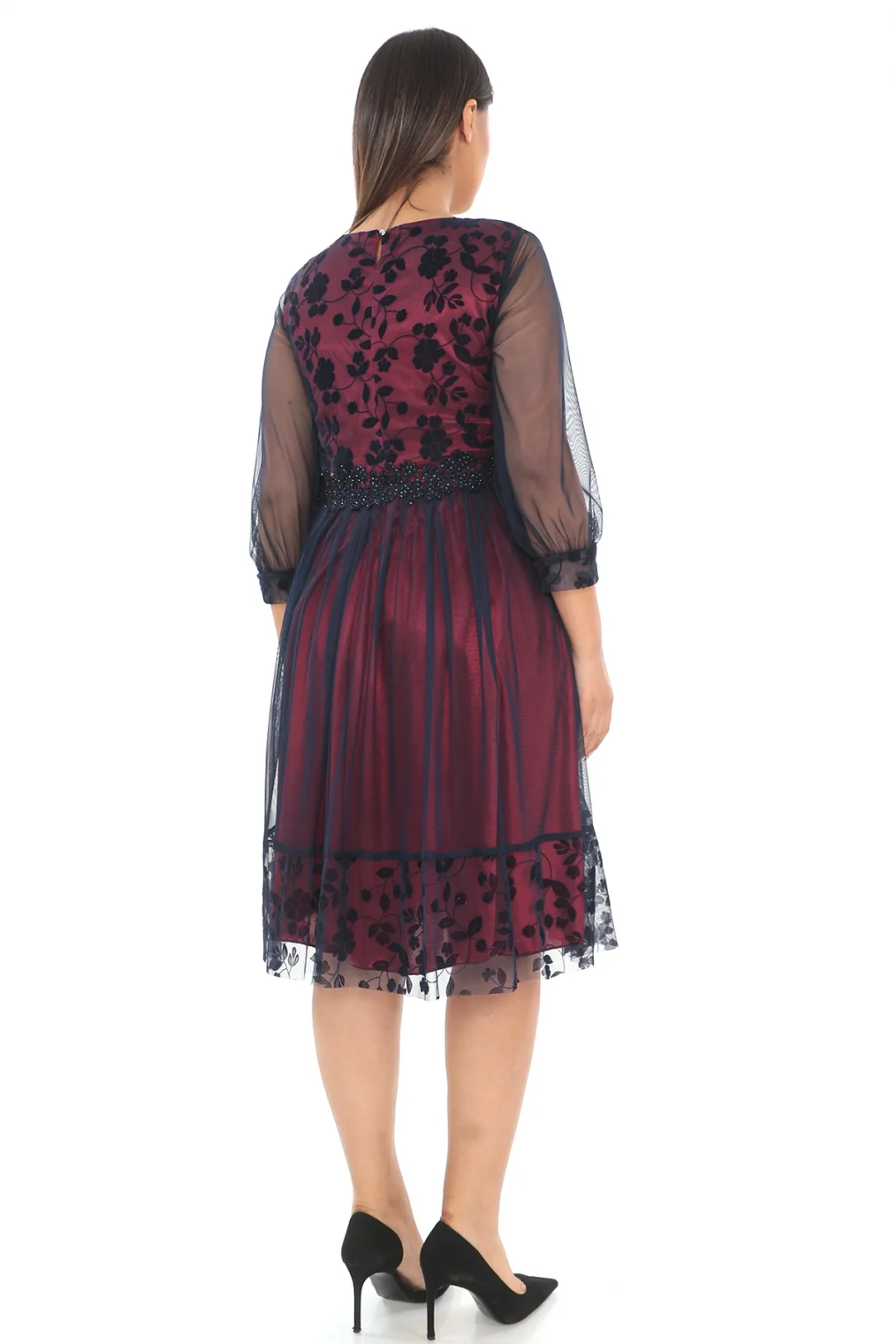 Büzgü Detaylı İnci Ve Taş Süslemeli Tül Büyük Beden Elbise 1625-BORDO