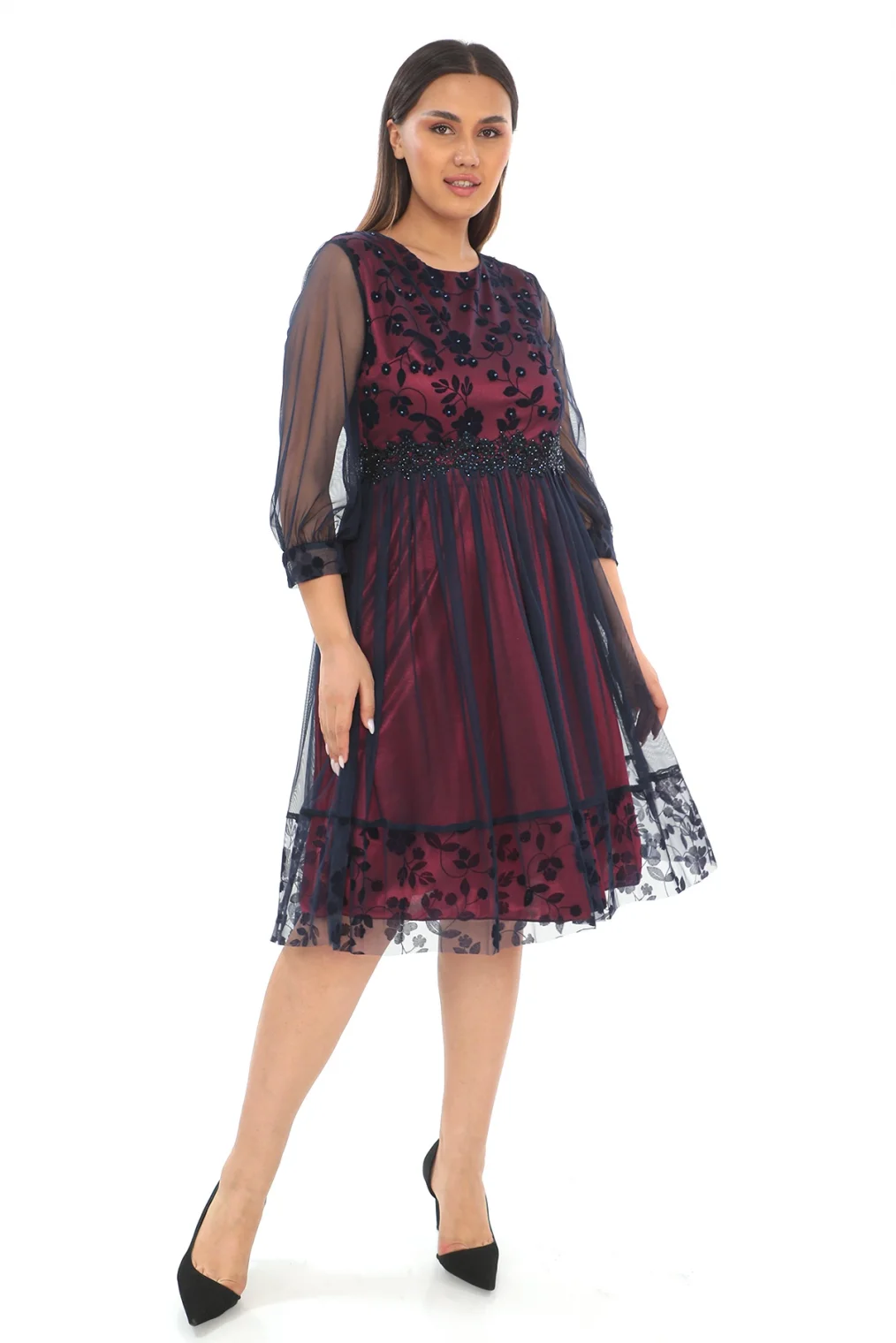 Büzgü Detaylı İnci Ve Taş Süslemeli Tül Büyük Beden Elbise 1625-BORDO