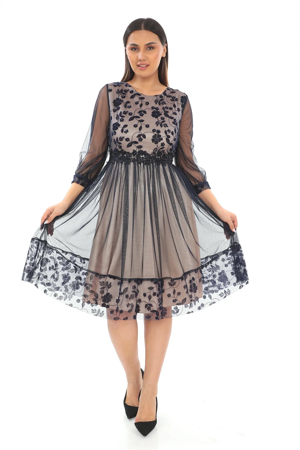 Büzgü Detaylı İnci Ve Taş Süslemeli Tül Büyük Beden Elbise 1625-LACİVERT