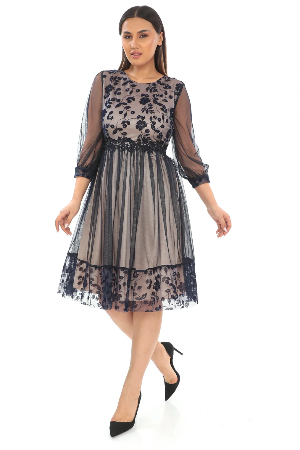 Büzgü Detaylı İnci Ve Taş Süslemeli Tül Büyük Beden Elbise 1625-LACİVERT