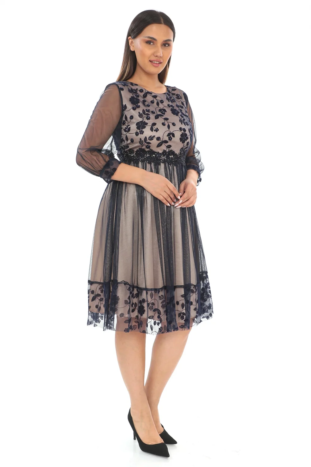 Büzgü Detaylı İnci Ve Taş Süslemeli Tül Büyük Beden Elbise 1625-LACİVERT