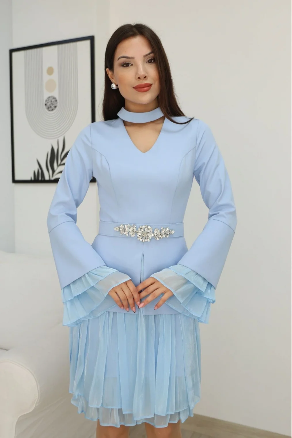 Büzgü Detaylı Kemerli Elbise 2338-Bebe Mavisi