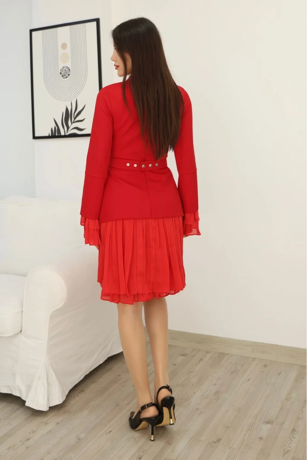 Büzgü Detaylı Kemerli Elbise 2338-Kırmızı