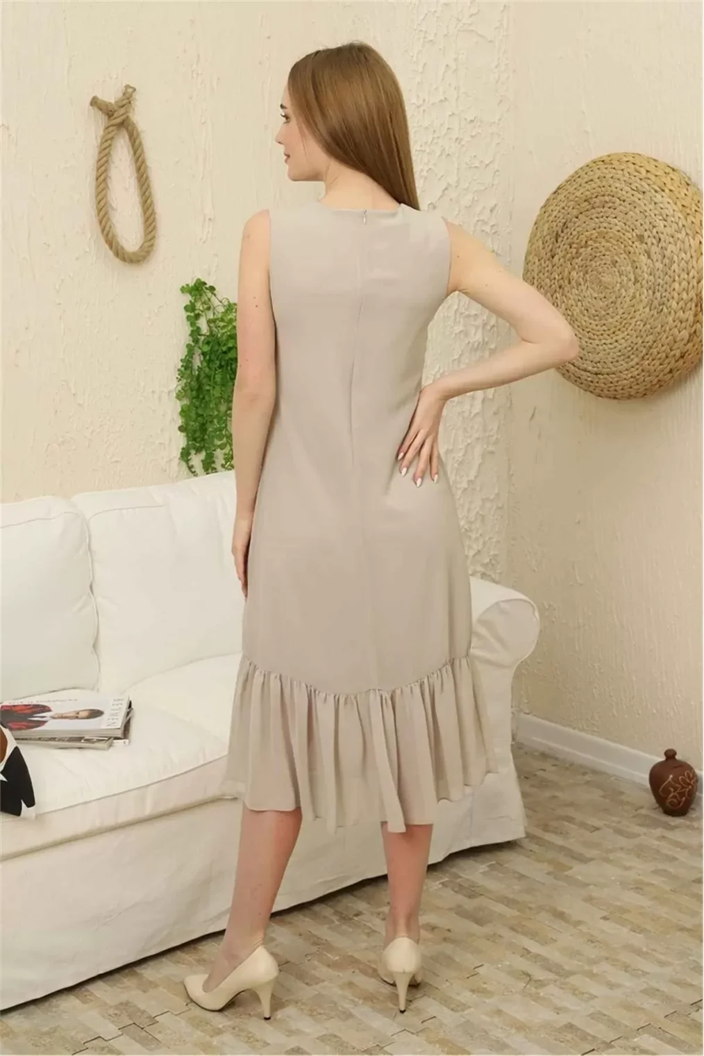 Büzgü Detaylı Şifon Elbise 1755-Bej