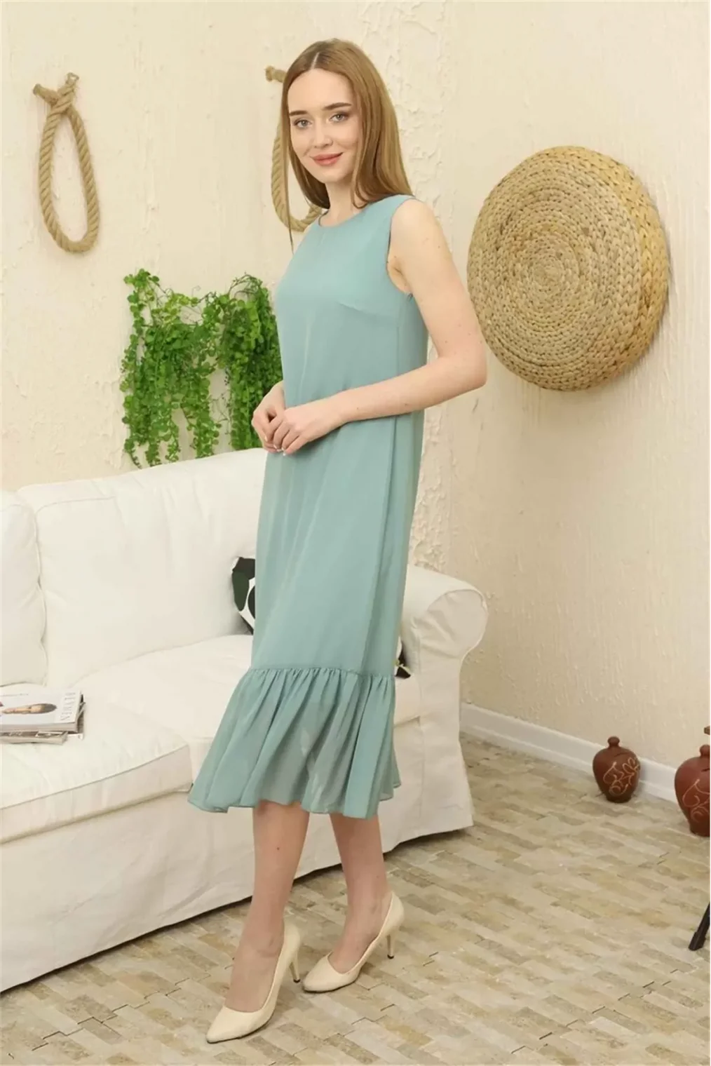 Büzgü Detaylı Şifon Elbise 1755-Çağla Yeşili