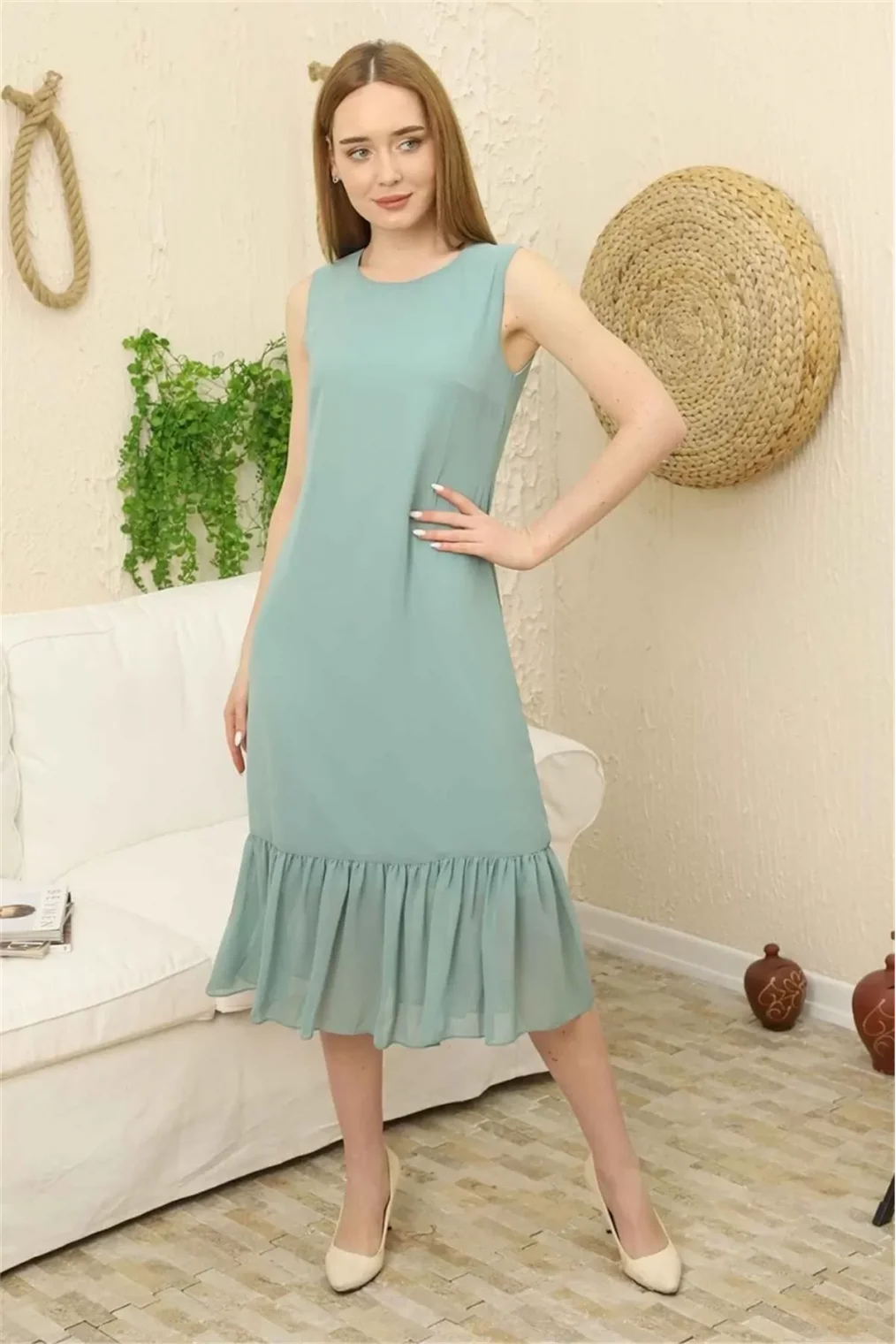 Büzgü Detaylı Şifon Elbise 1755-Çağla Yeşili