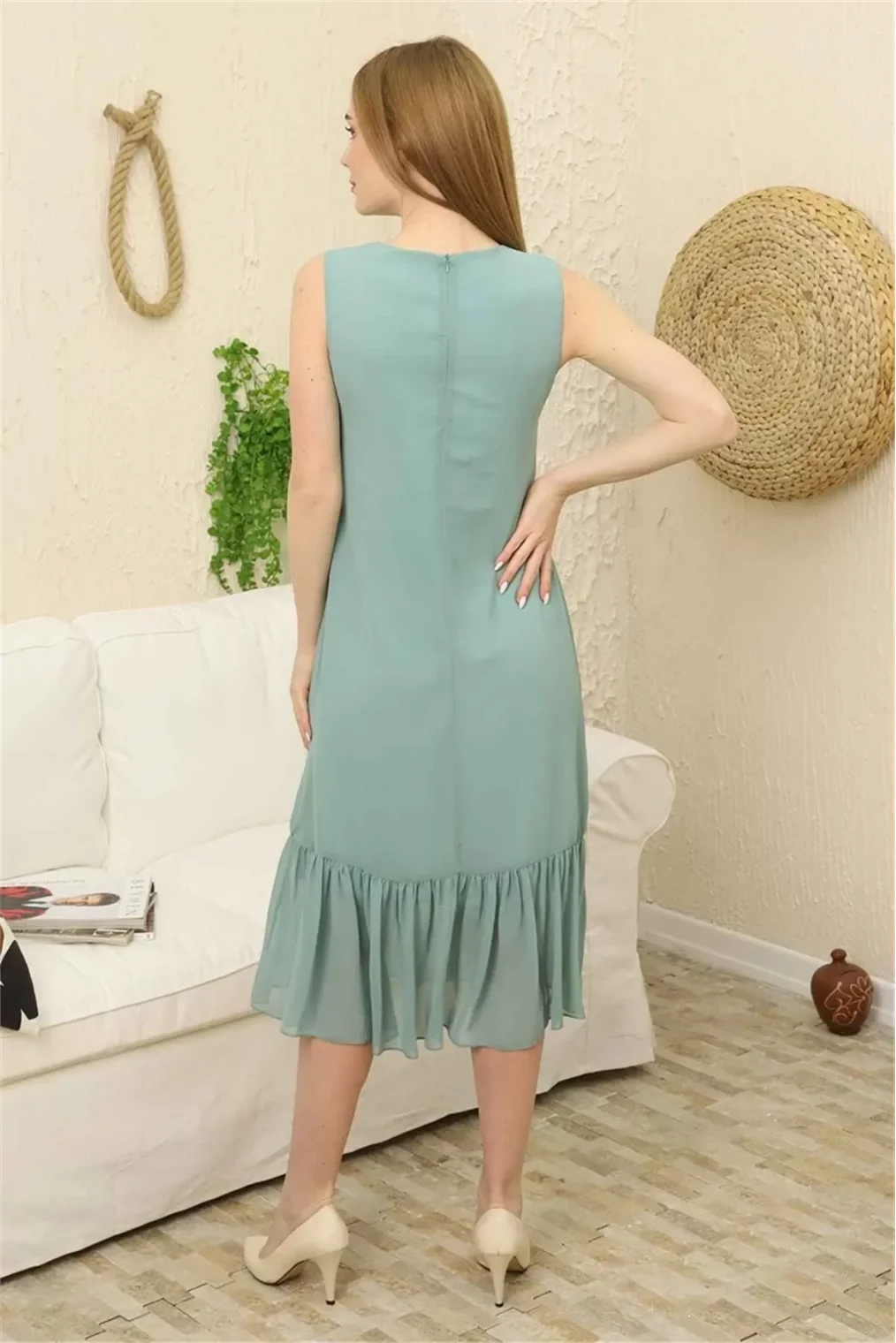 Büzgü Detaylı Şifon Elbise 1755-Çağla Yeşili