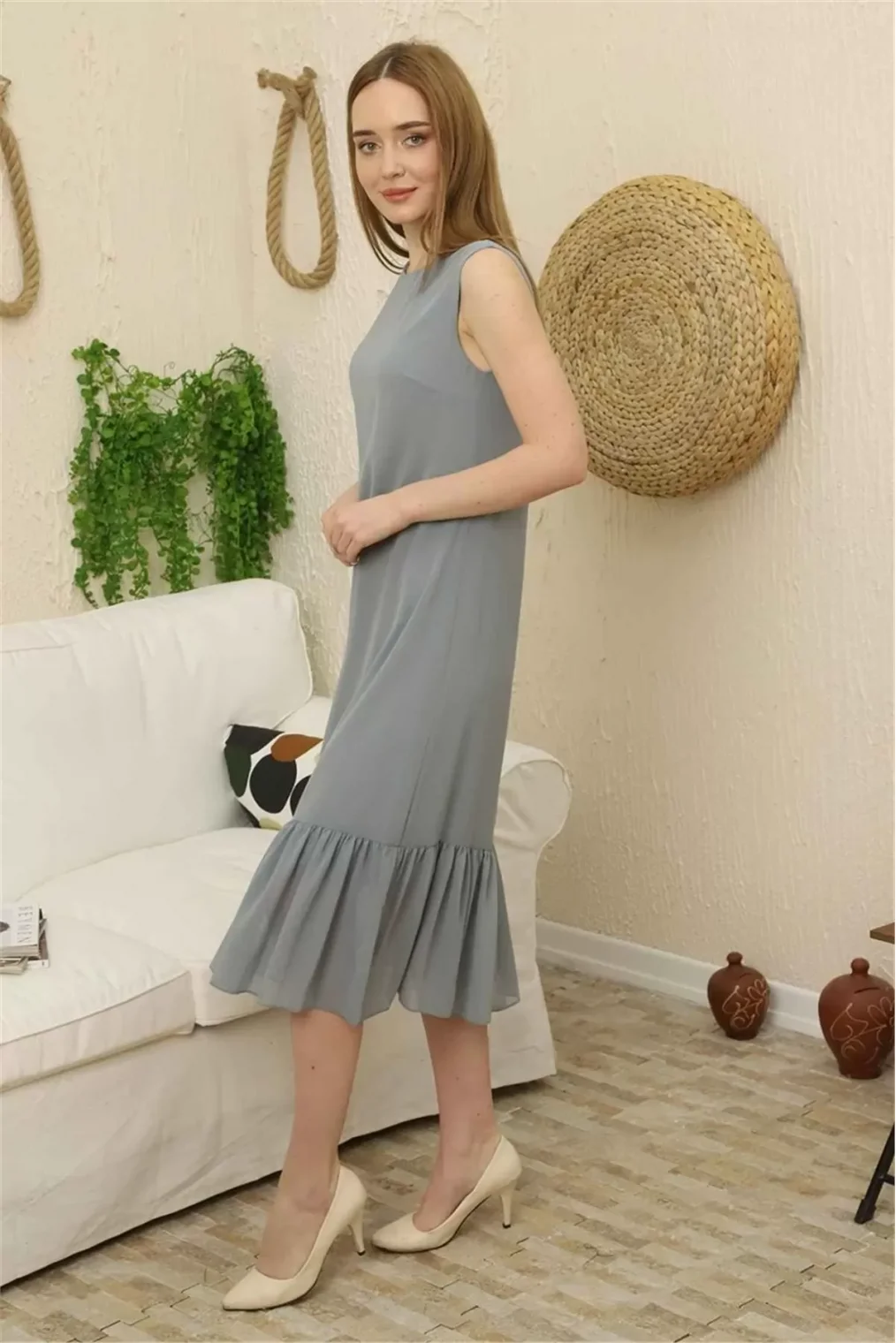 Büzgü Detaylı Şifon Elbise 1755-Gri