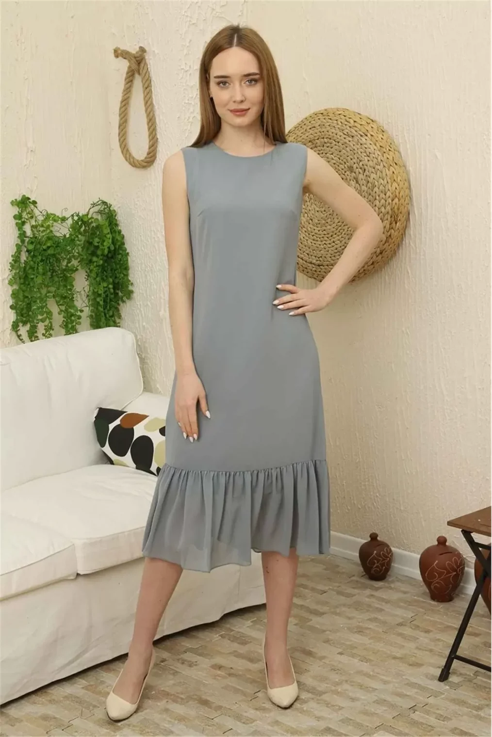 Büzgü Detaylı Şifon Elbise 1755-Gri