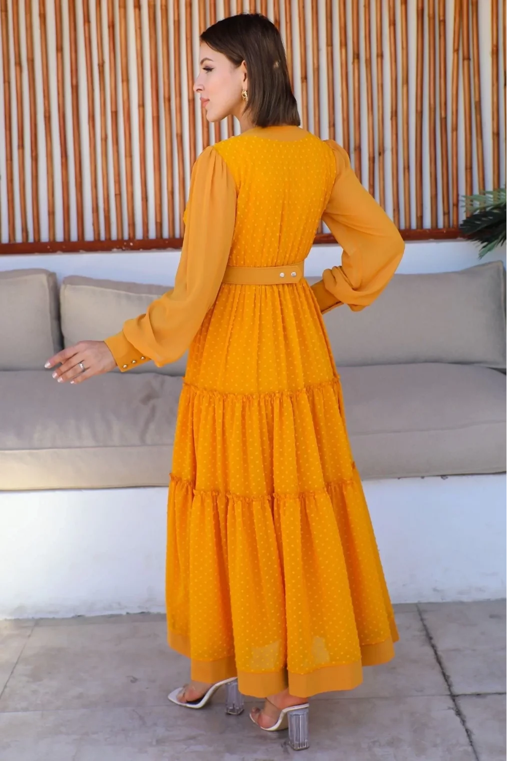 Büzgü Detaylı V Yaka Elbise 2210-Hardal