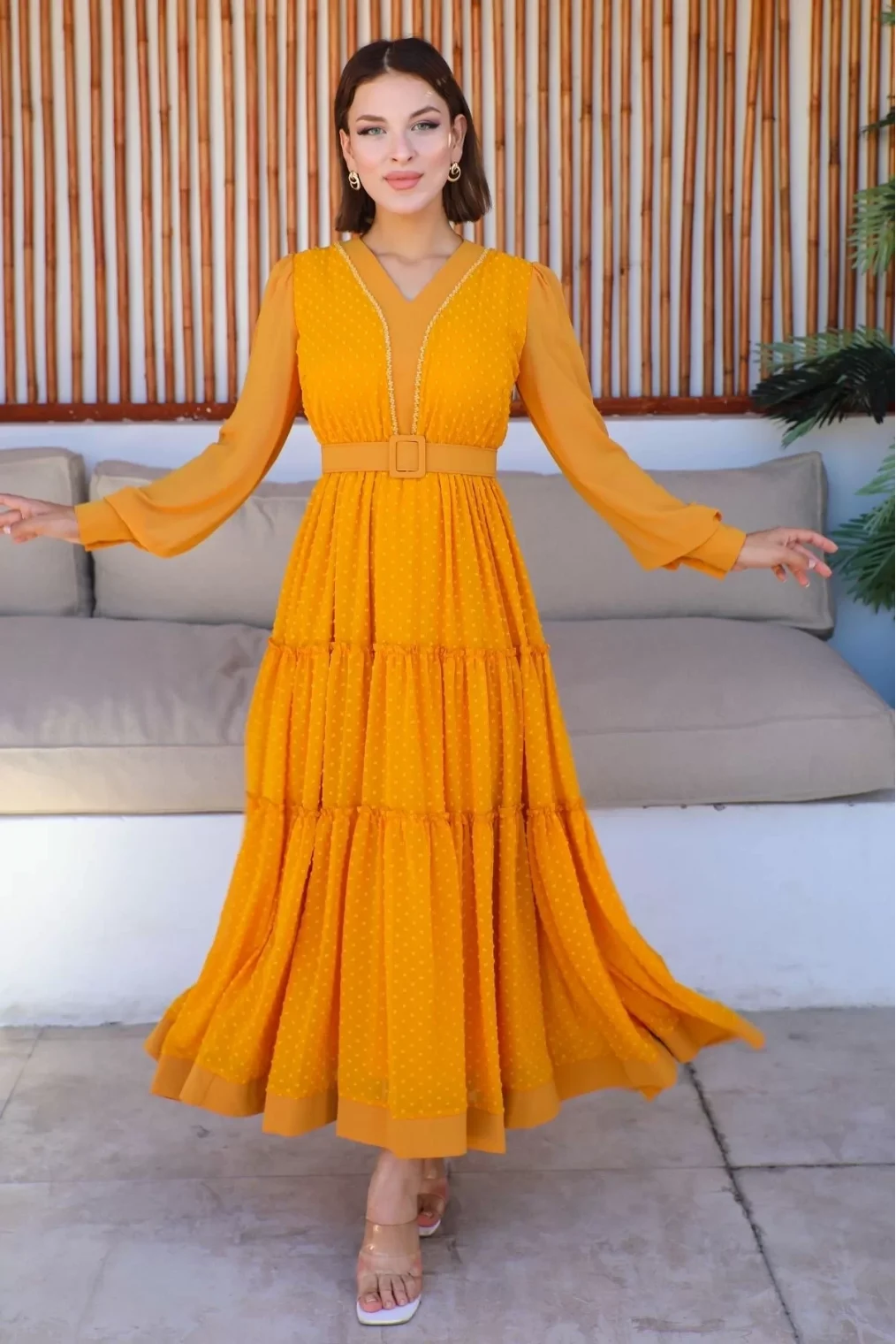 Büzgü Detaylı V Yaka Elbise 2210-Hardal