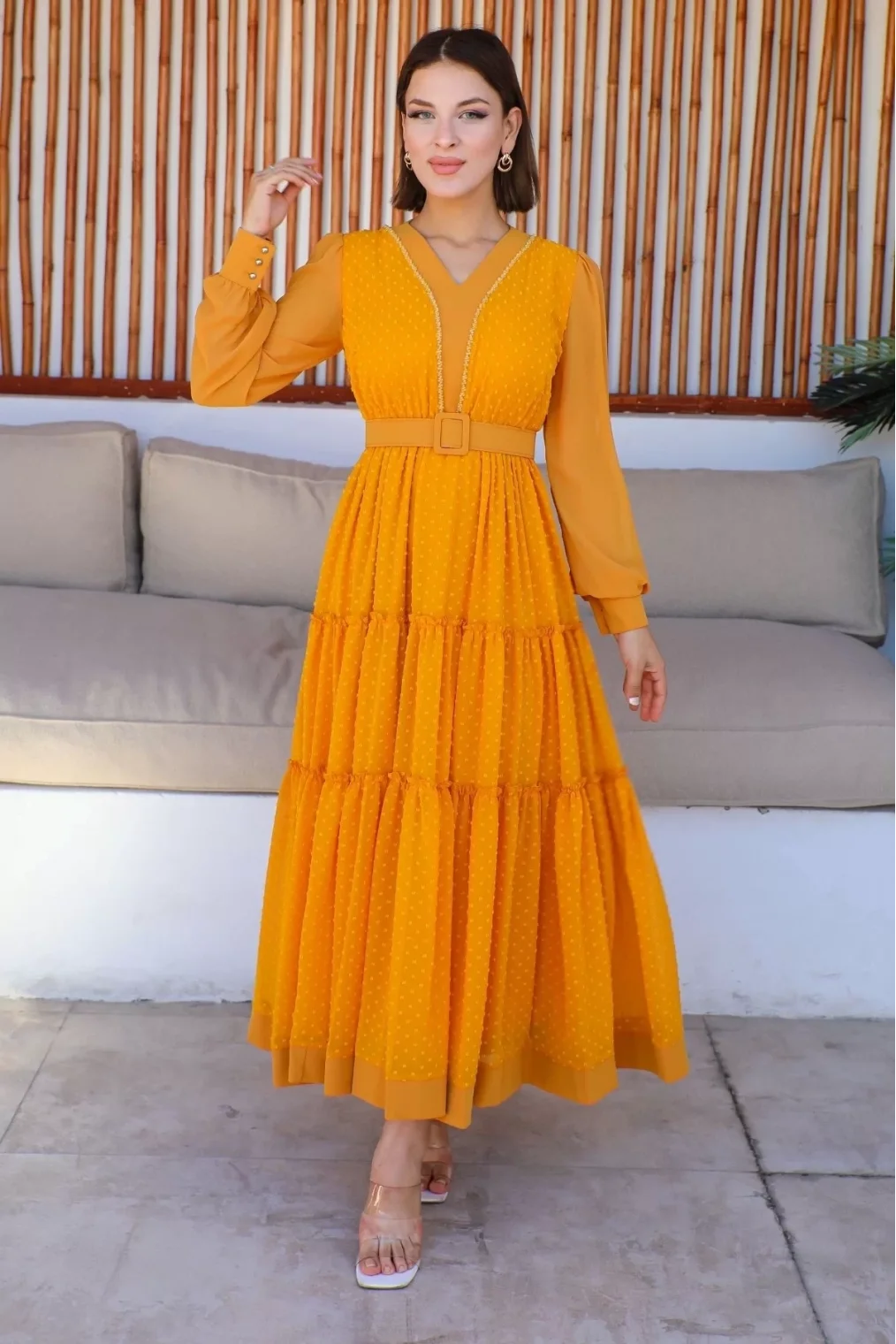 Büzgü Detaylı V Yaka Elbise 2210-Hardal