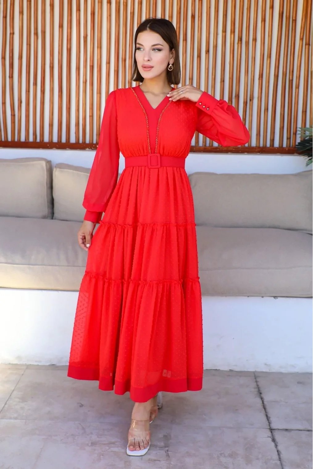 Büzgü Detaylı V Yaka Elbise 2210-Narçiçeği