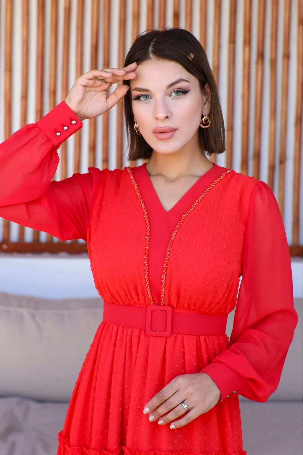 Büzgü Detaylı V Yaka Elbise 2210-Narçiçeği