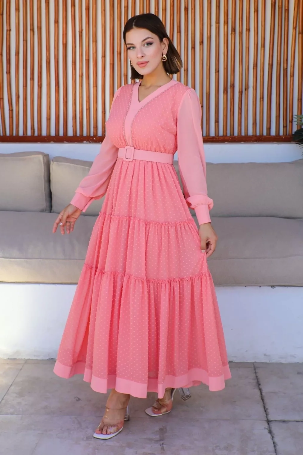 Büzgü Detaylı V Yaka Elbise 2210-Pudra