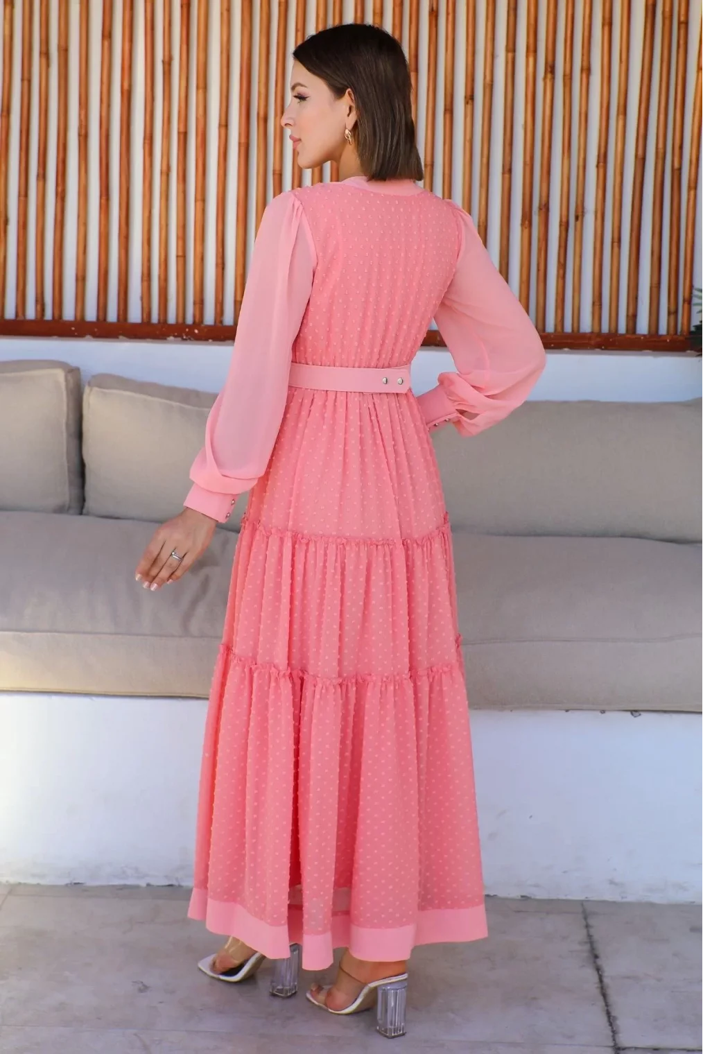 Büzgü Detaylı V Yaka Elbise 2210-Pudra