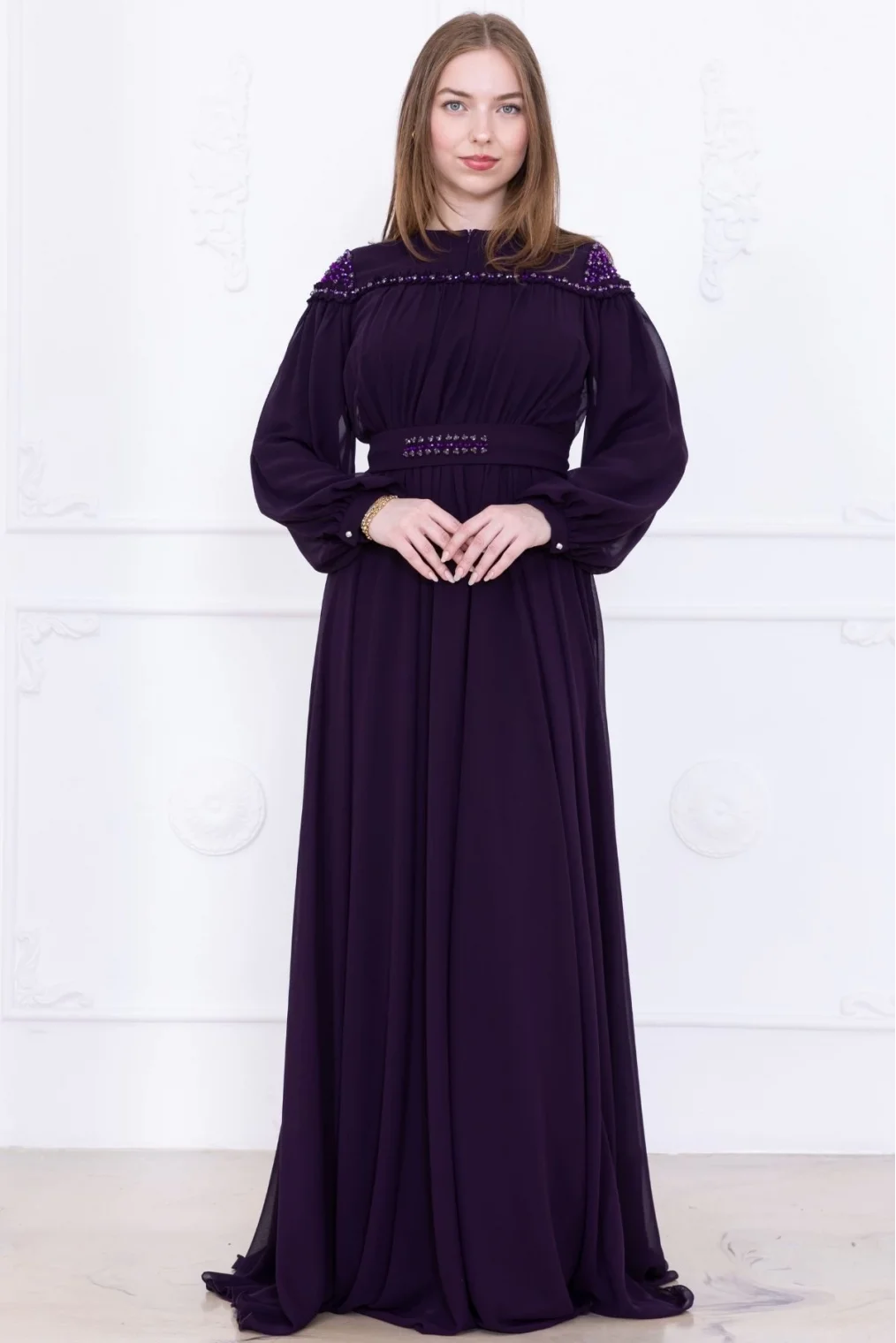 Büzgülü ve Bağlama Detaylı İşlemeli Abiye Elbise 2761-Mürdüm