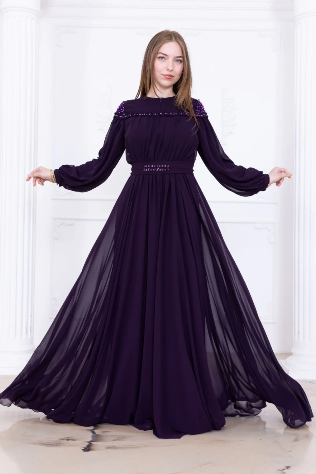 Büzgülü ve Bağlama Detaylı İşlemeli Abiye Elbise 2761-Mürdüm