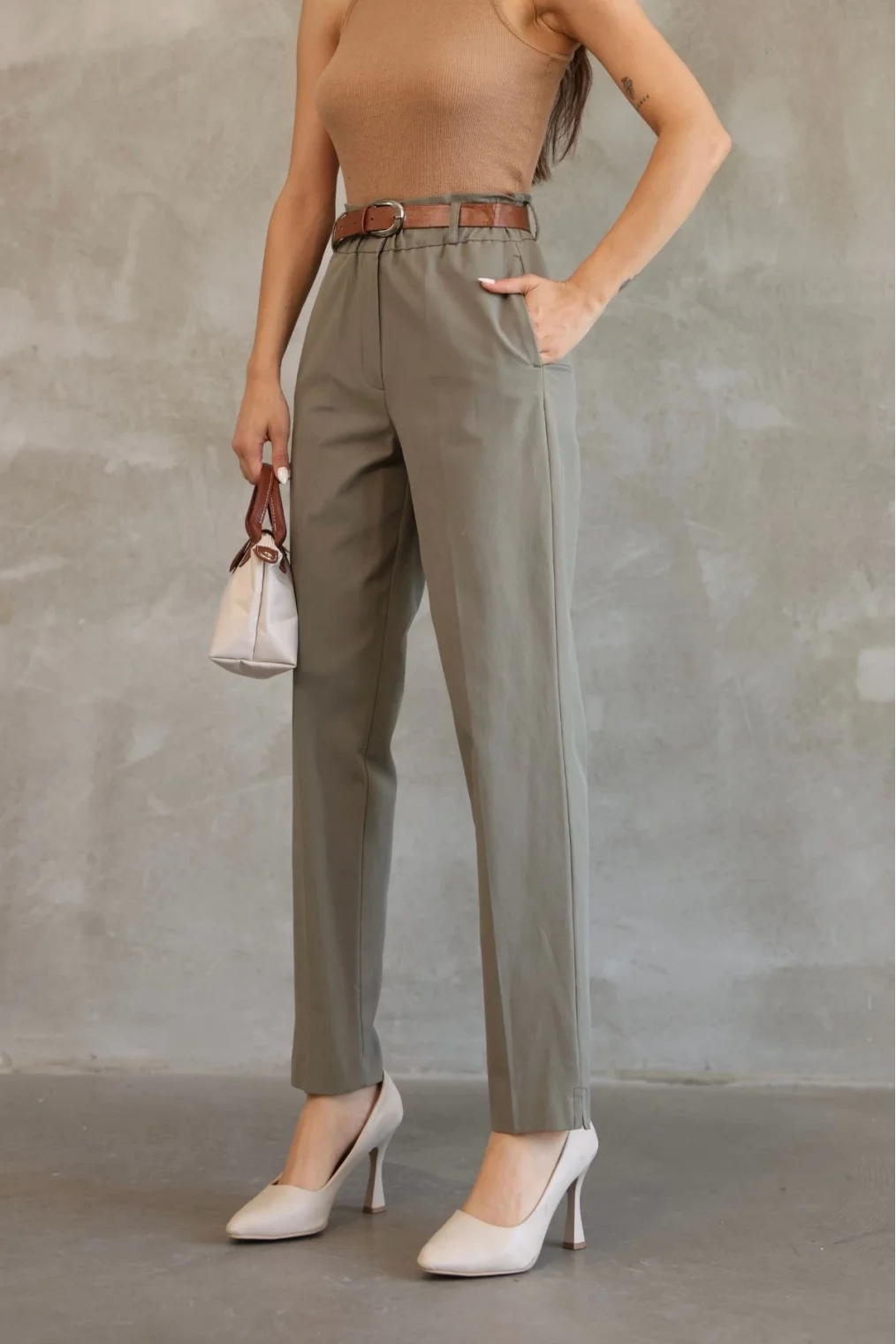 Cep Detaylı Beli Lastikli Gabardin Kumaş Pantolon 6019-Haki