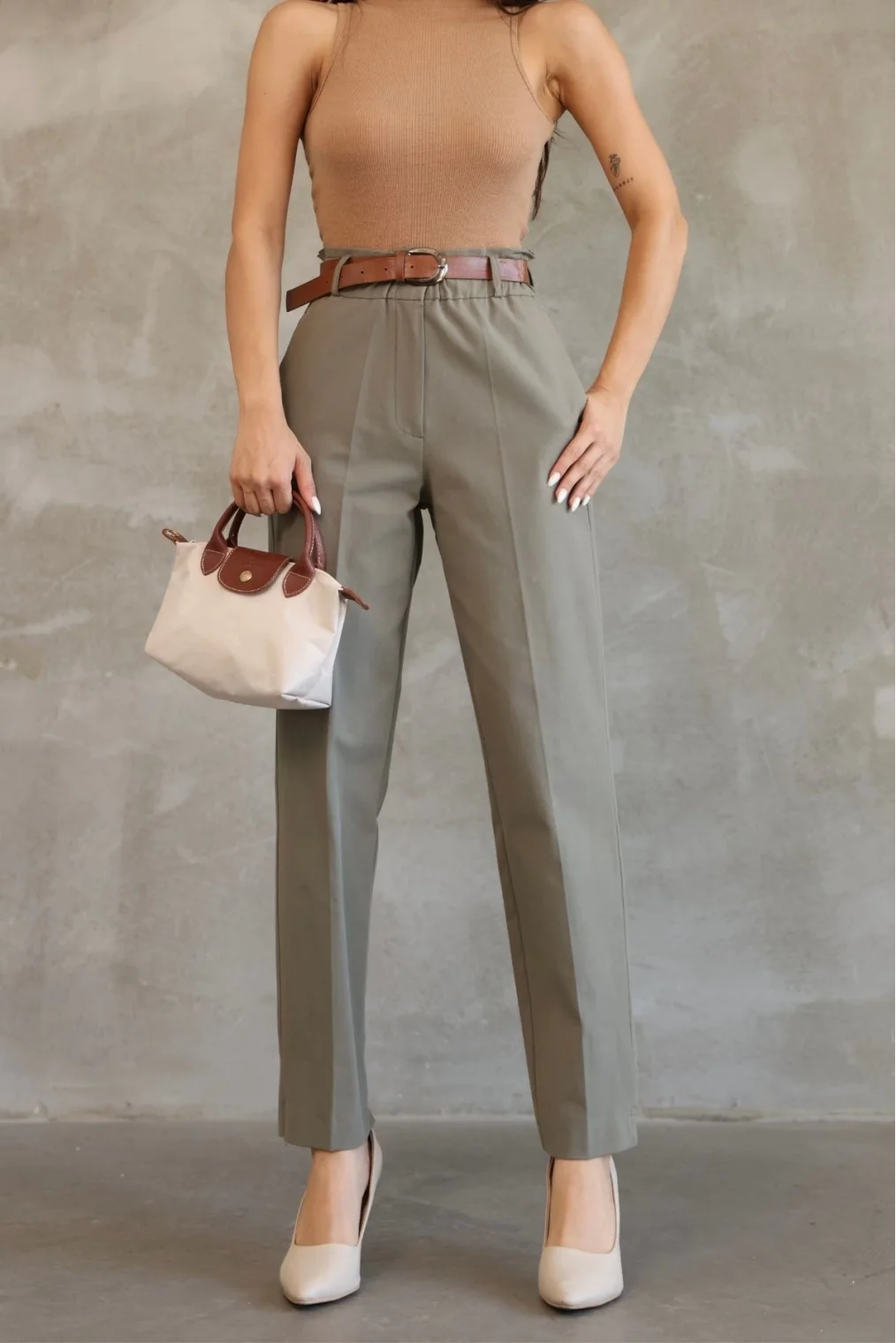 Cep Detaylı Beli Lastikli Gabardin Kumaş Pantolon 6019-Haki