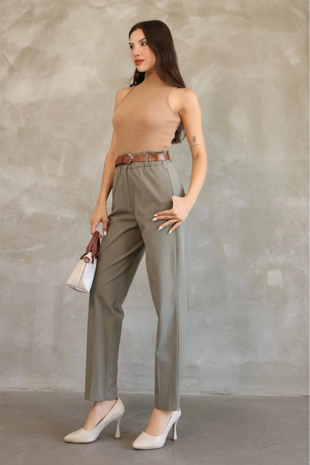 Cep Detaylı Beli Lastikli Gabardin Kumaş Pantolon 6019-Haki
