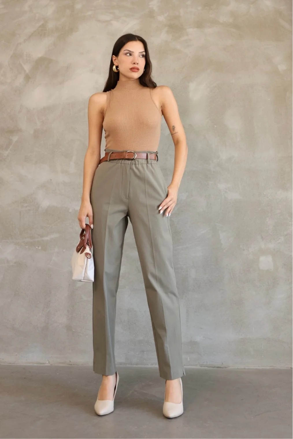 Cep Detaylı Beli Lastikli Gabardin Kumaş Pantolon 6019-Haki