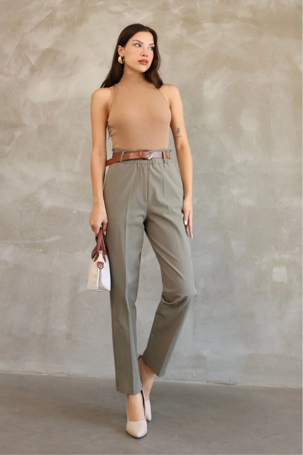 Cep Detaylı Beli Lastikli Gabardin Kumaş Pantolon 6019-Haki
