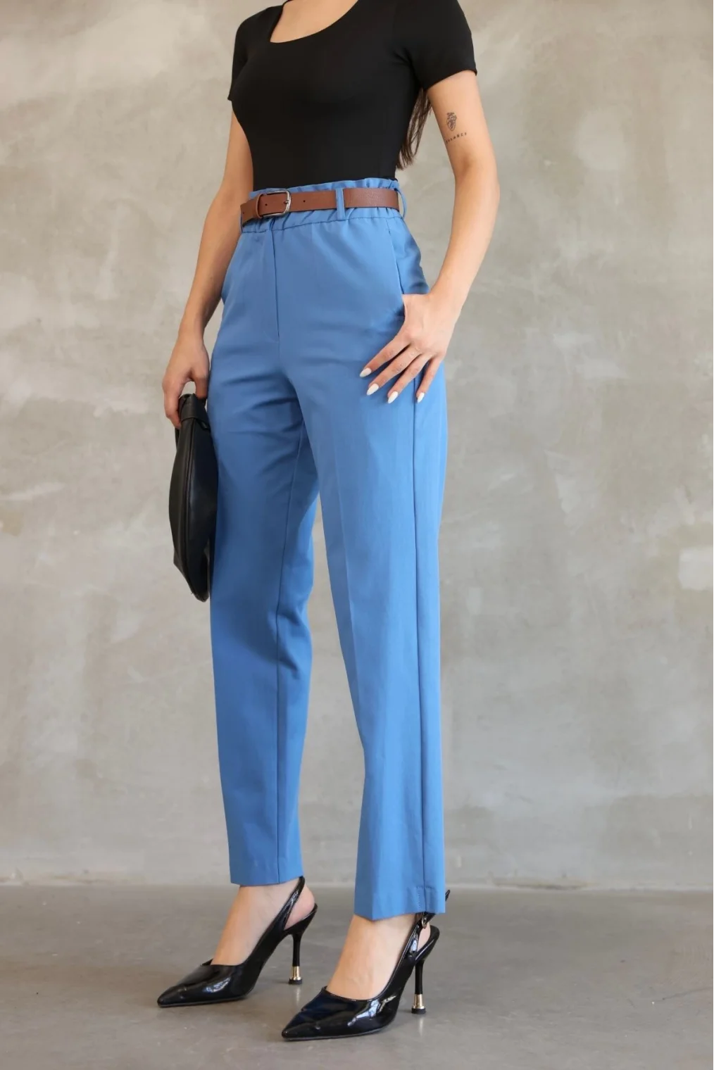 Cep Detaylı Beli Lastikli Gabardin Kumaş Pantolon 6019-İndigo