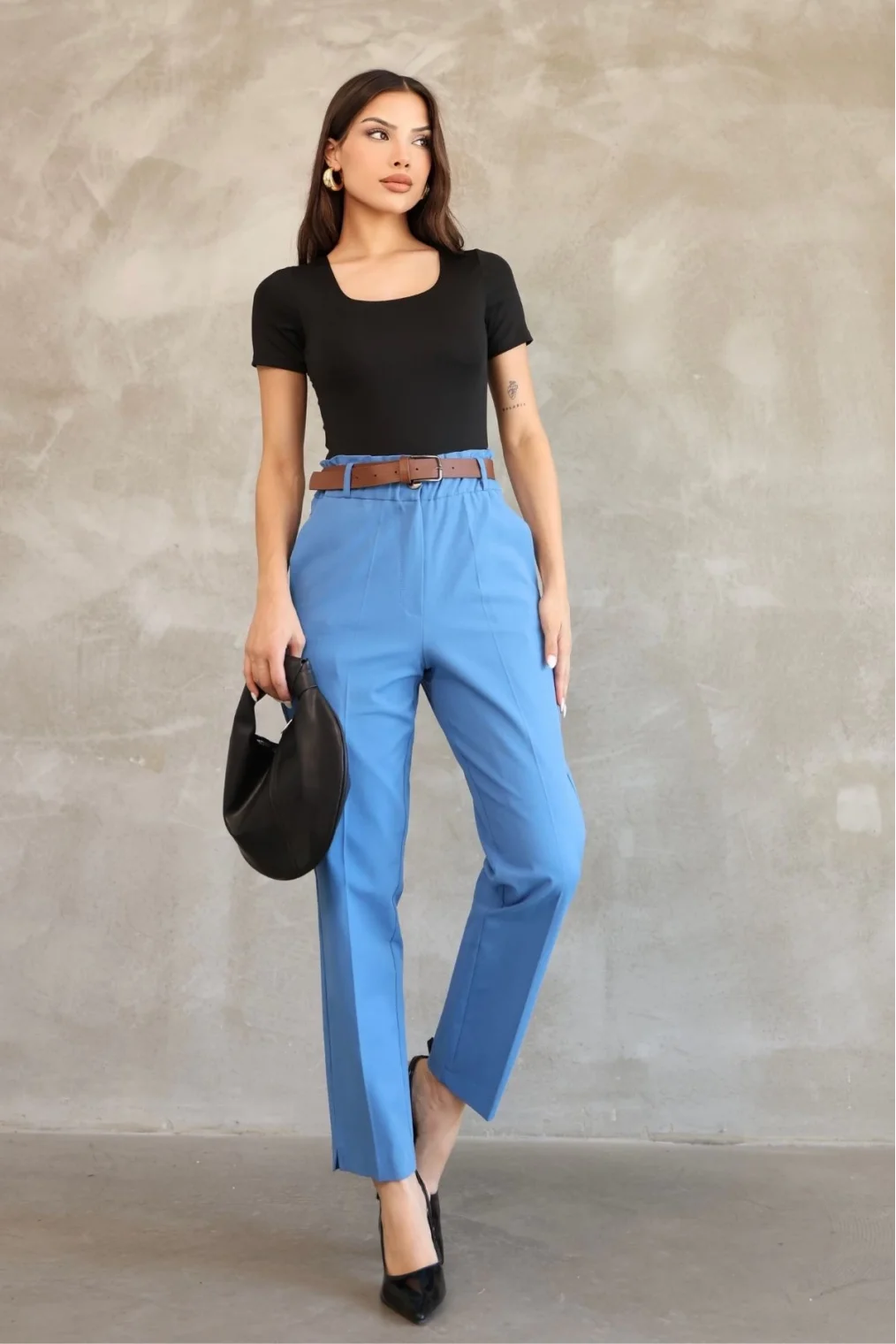 Cep Detaylı Beli Lastikli Gabardin Kumaş Pantolon 6019-İndigo