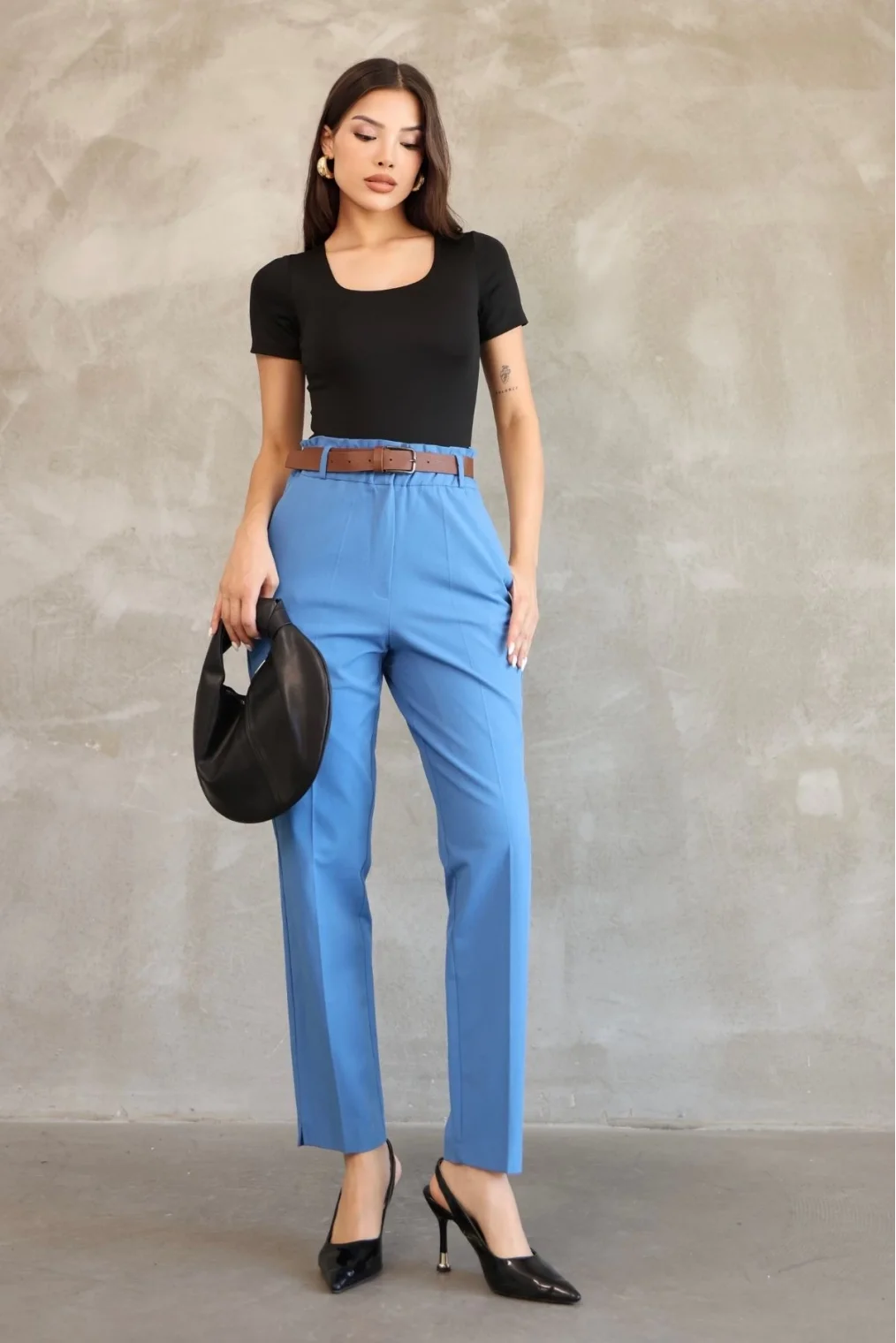 Cep Detaylı Beli Lastikli Gabardin Kumaş Pantolon 6019-İndigo