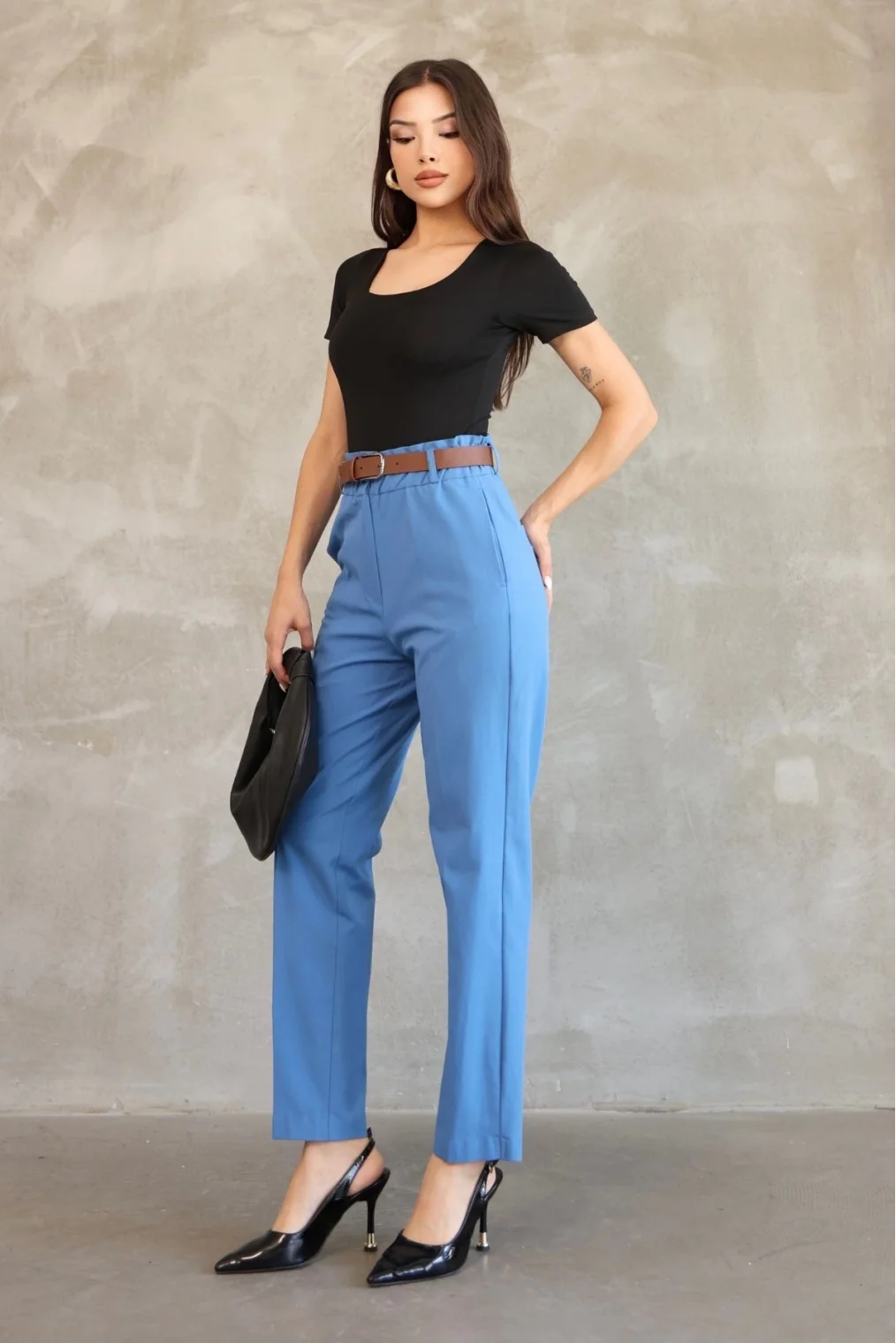 Cep Detaylı Beli Lastikli Gabardin Kumaş Pantolon 6019-İndigo