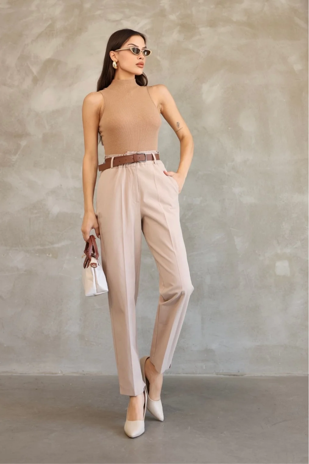 Cep Detaylı Beli Lastikli Gabardin Kumaş Pantolon 6019-Vizon