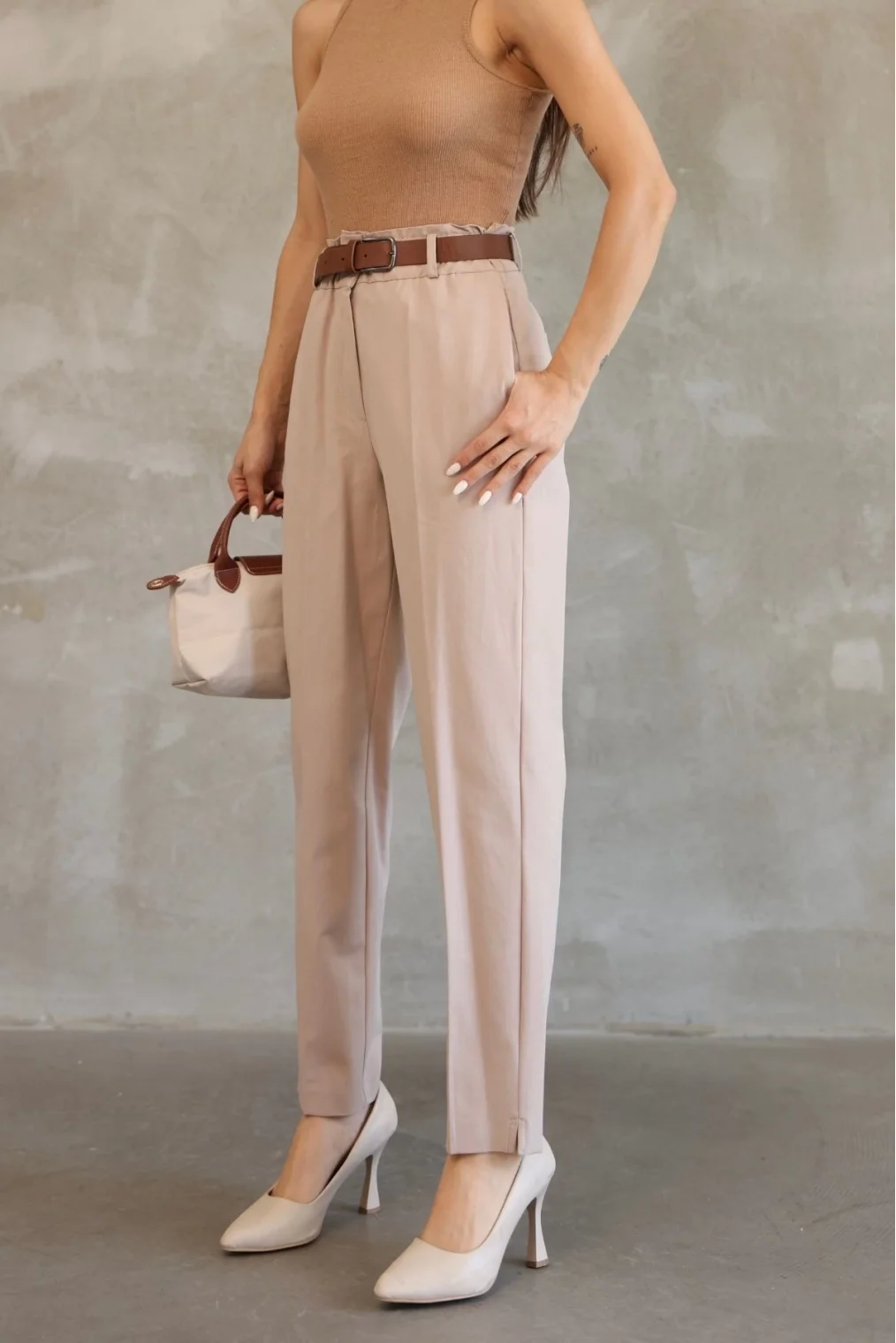 Cep Detaylı Beli Lastikli Gabardin Kumaş Pantolon 6019-Vizon