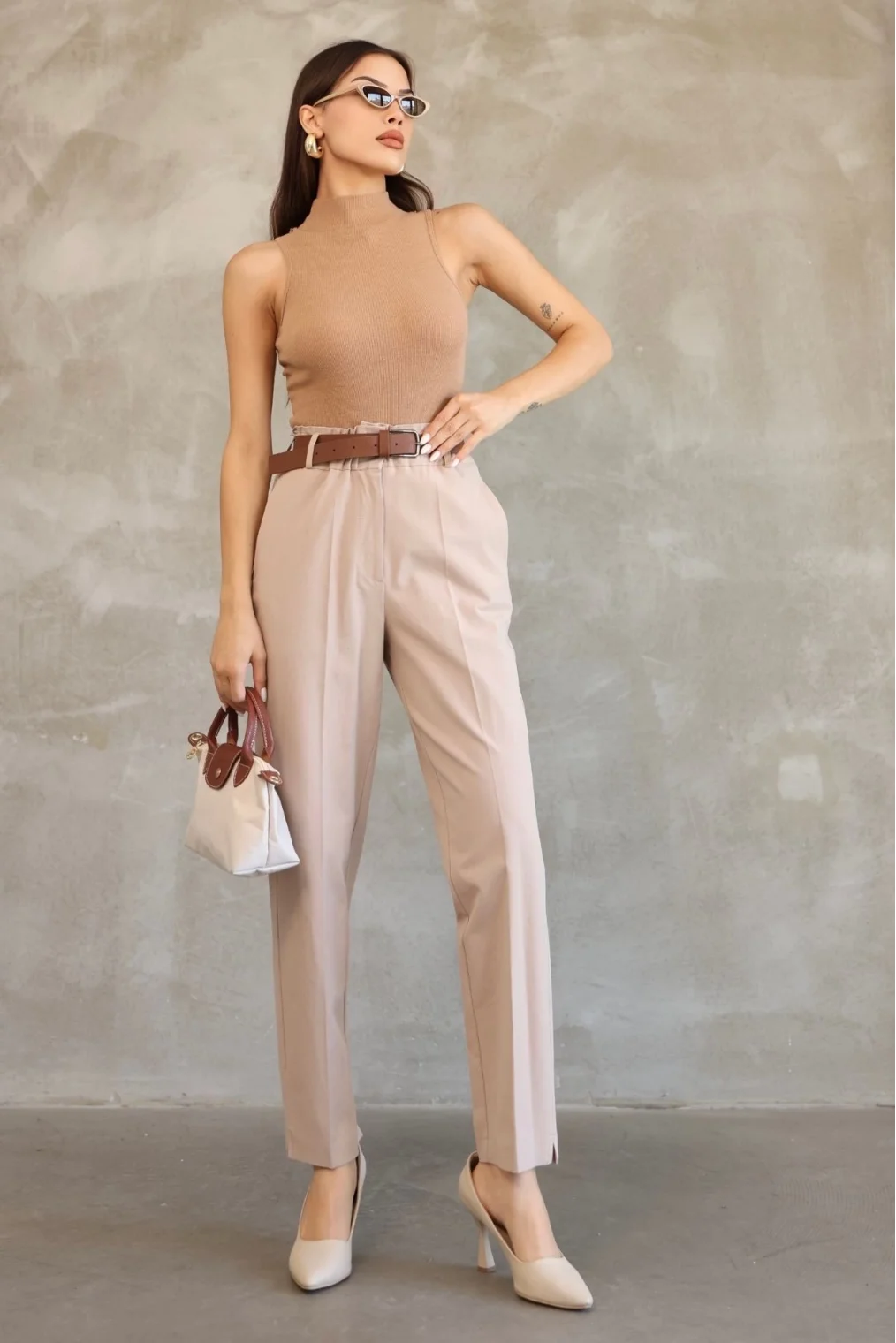 Cep Detaylı Beli Lastikli Gabardin Kumaş Pantolon 6019-Vizon