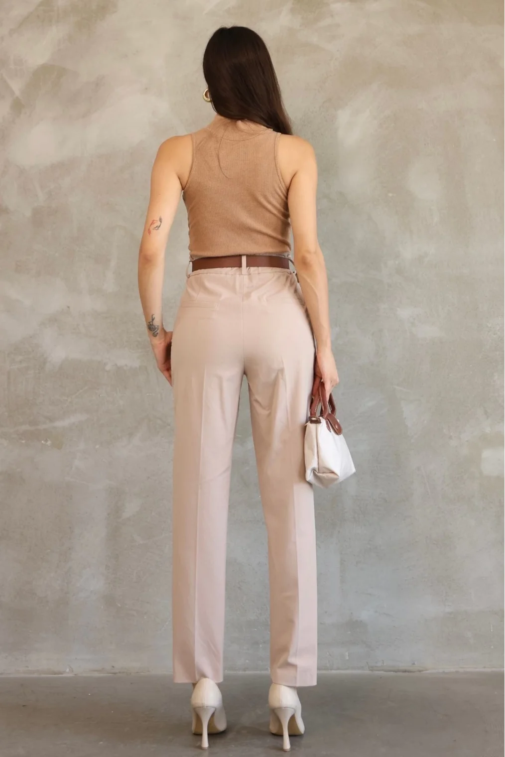 Cep Detaylı Beli Lastikli Gabardin Kumaş Pantolon 6019-Vizon