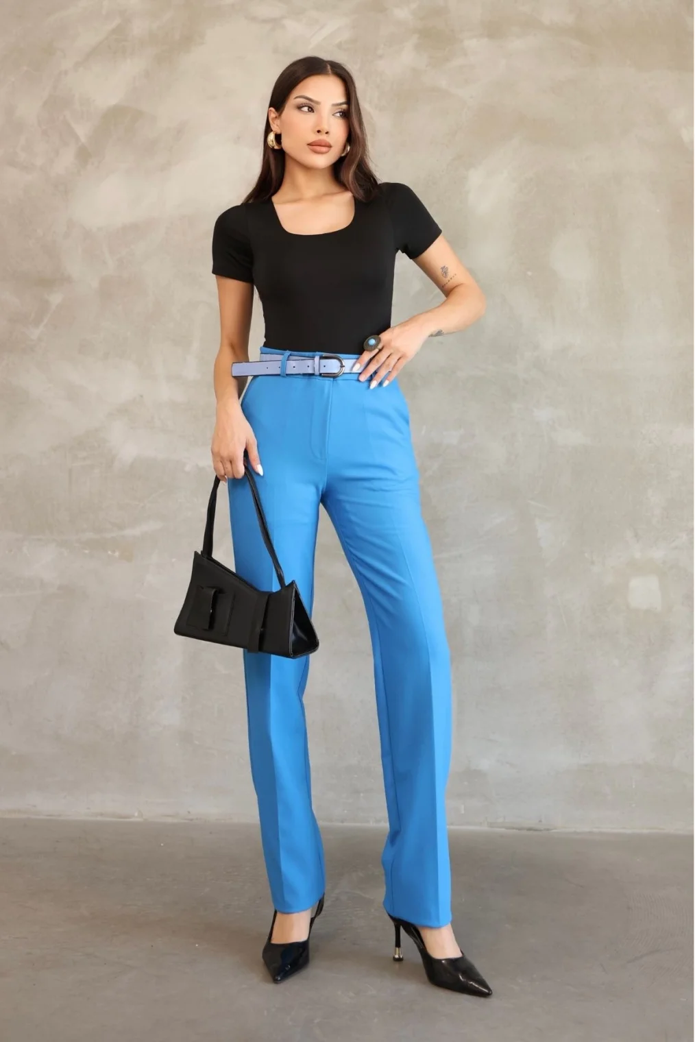 Cep Detaylı Beli Lastikli Kemerli Kumaş Pantolon 6157-İndigo