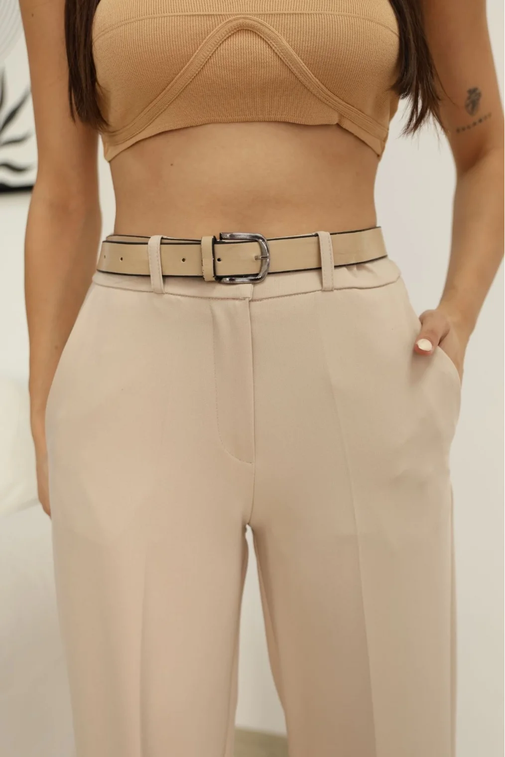 Cep Detaylı Beli Lastikli Kemerli Kumaş Pantolon 6157-Vizon