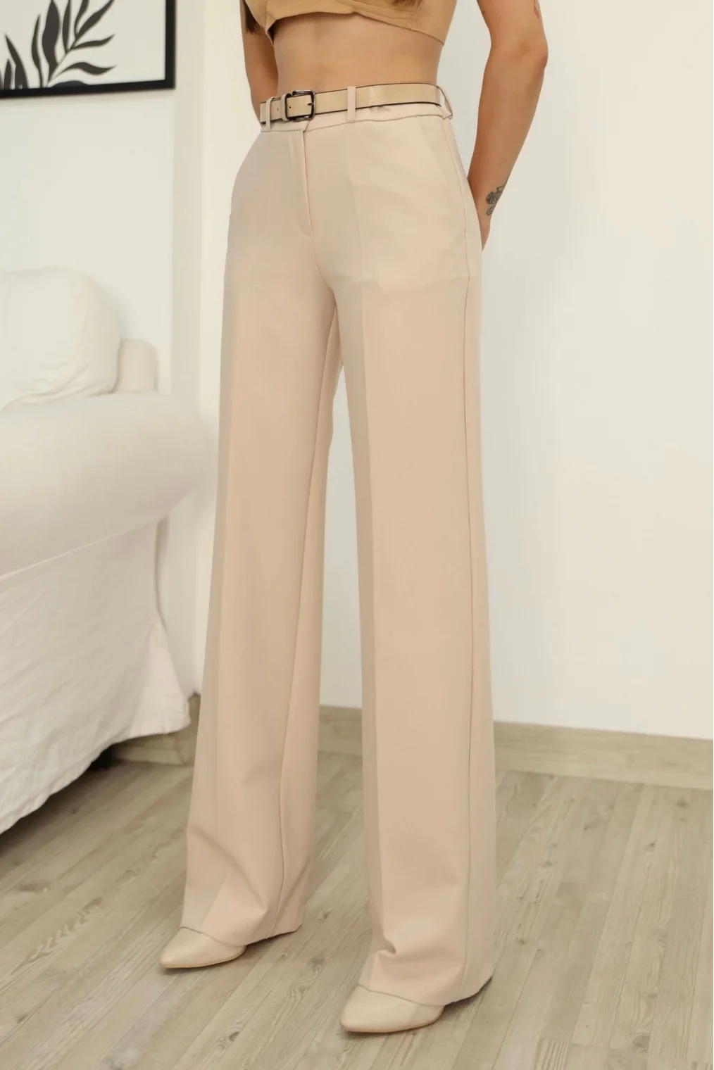 Cep Detaylı Beli Lastikli Kemerli Kumaş Pantolon 6157-Vizon