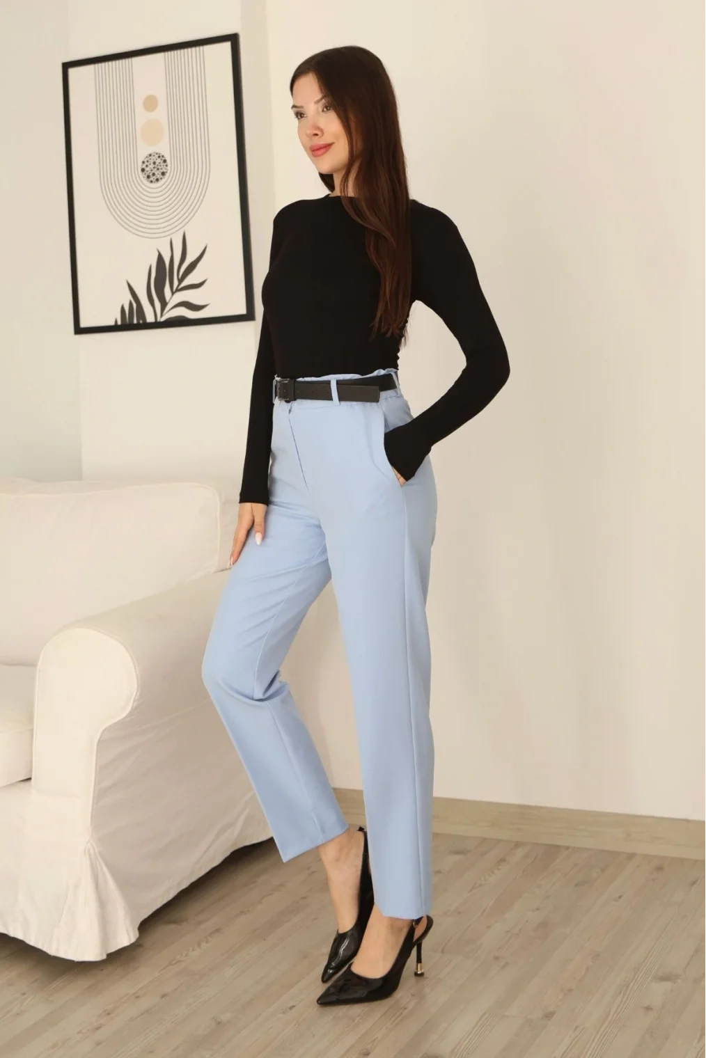 Cep Detaylı Beli Lastikli Kemerli Pantolon 6152-Bebe Mavisi