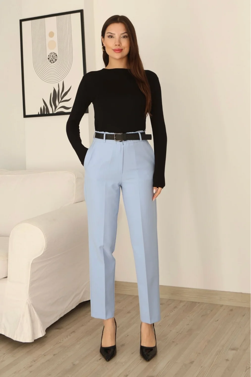 Cep Detaylı Beli Lastikli Kemerli Pantolon 6152-Bebe Mavisi