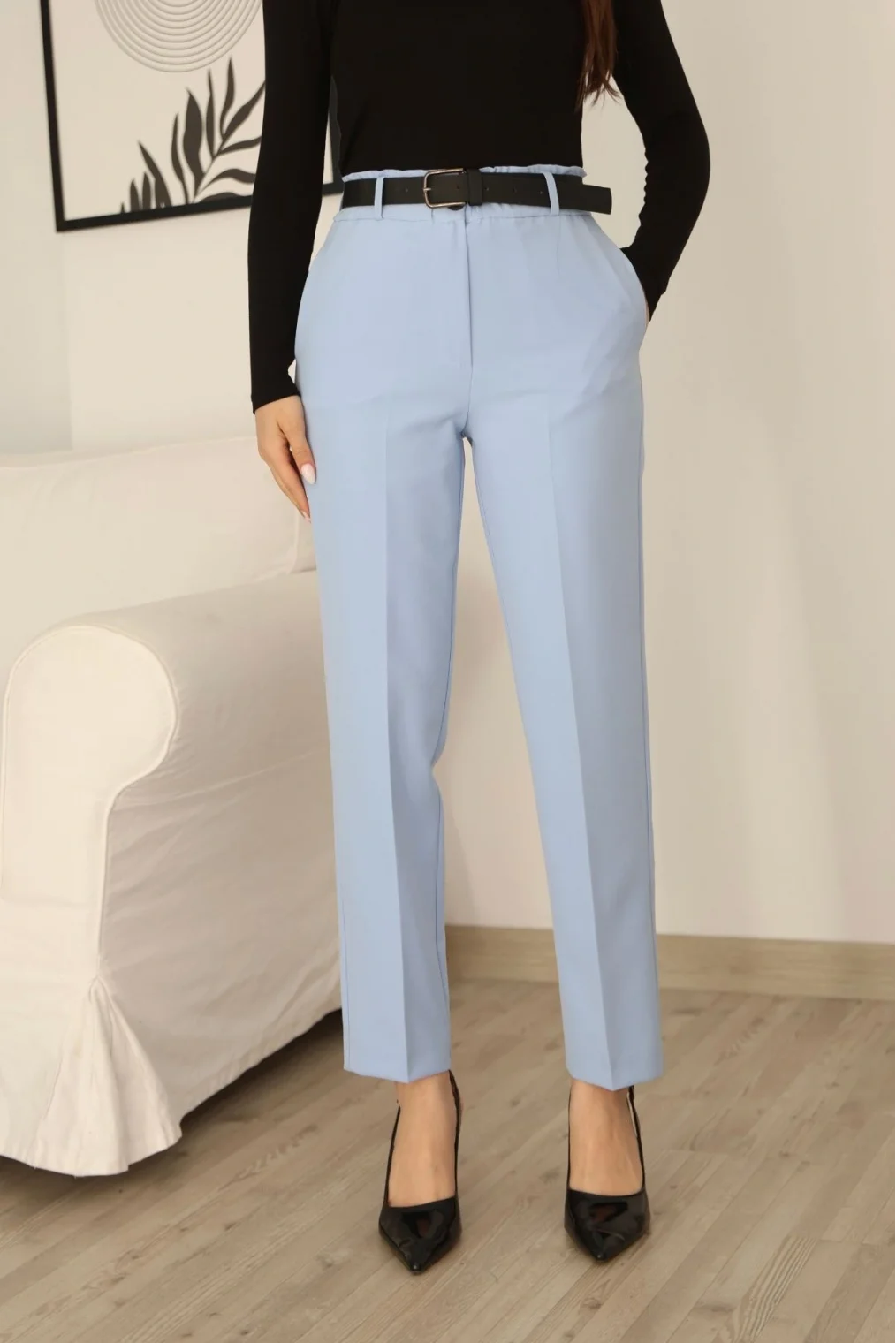 Cep Detaylı Beli Lastikli Kemerli Pantolon 6152-Bebe Mavisi