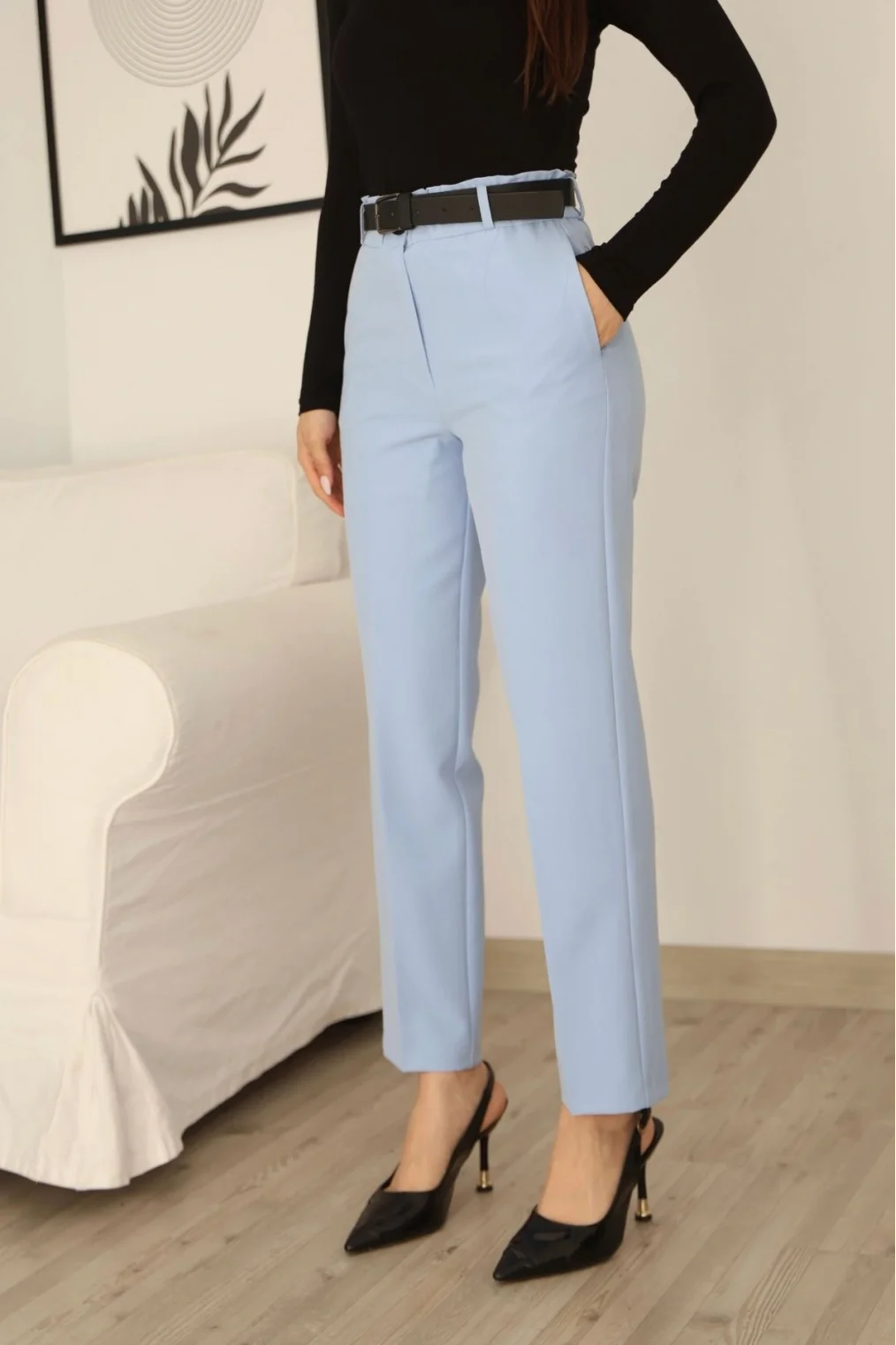 Cep Detaylı Beli Lastikli Kemerli Pantolon 6152-Bebe Mavisi