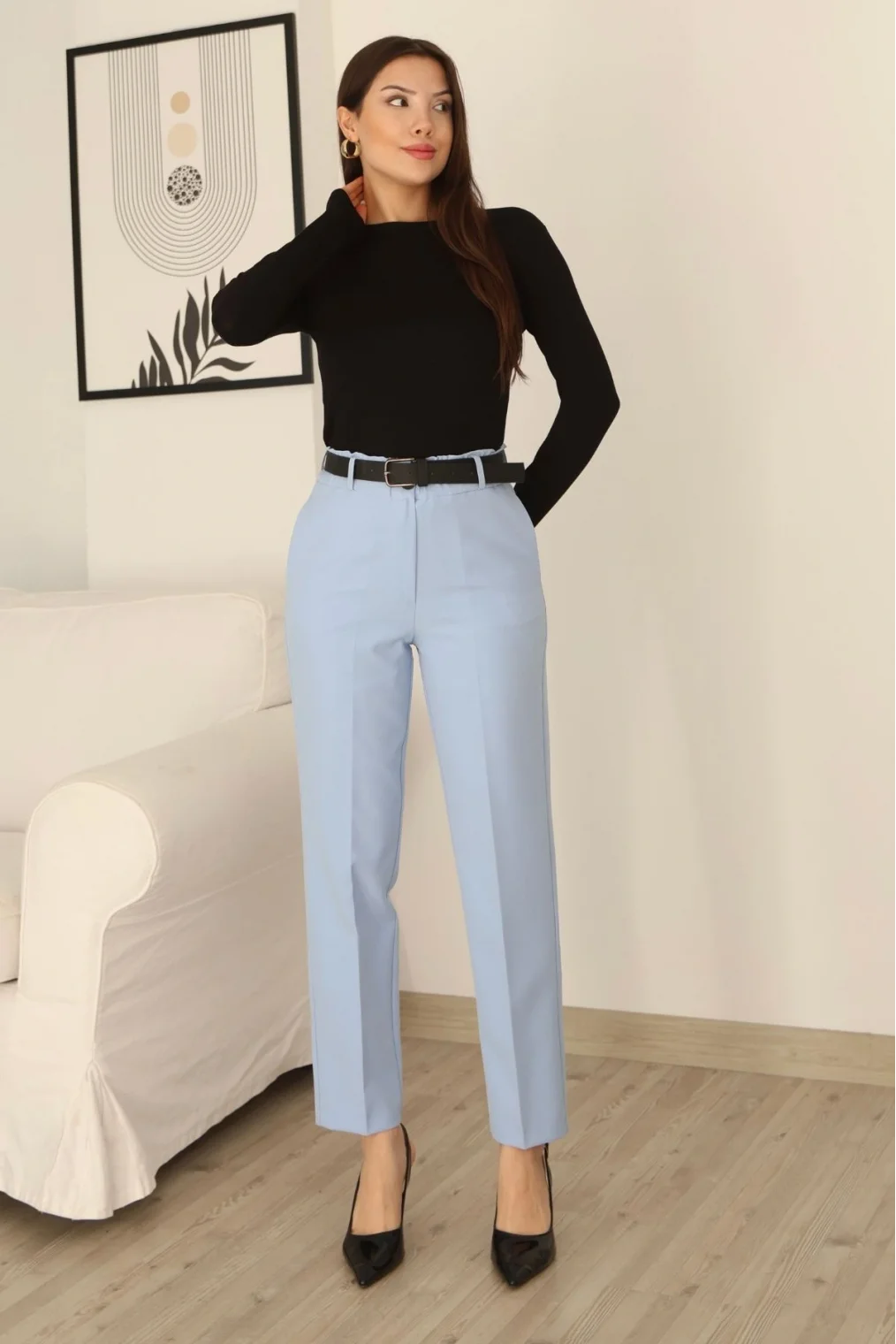 Cep Detaylı Beli Lastikli Kemerli Pantolon 6152-Bebe Mavisi