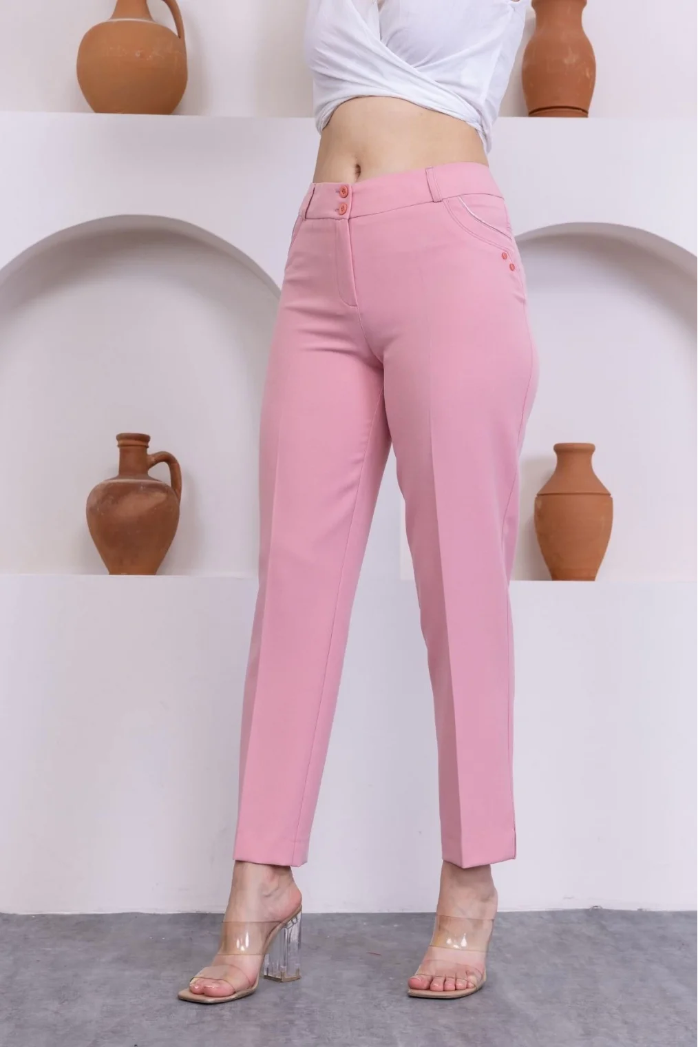 Cep Detaylı Bilek Boy Kadın Kumaş Pantolon 0101-Pudra