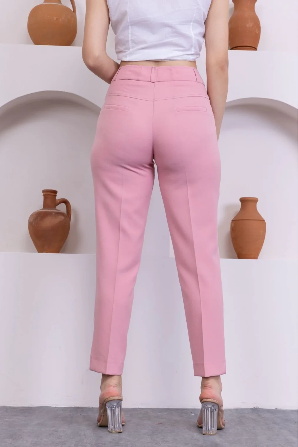 Cep Detaylı Bilek Boy Kadın Kumaş Pantolon 0101-Pudra