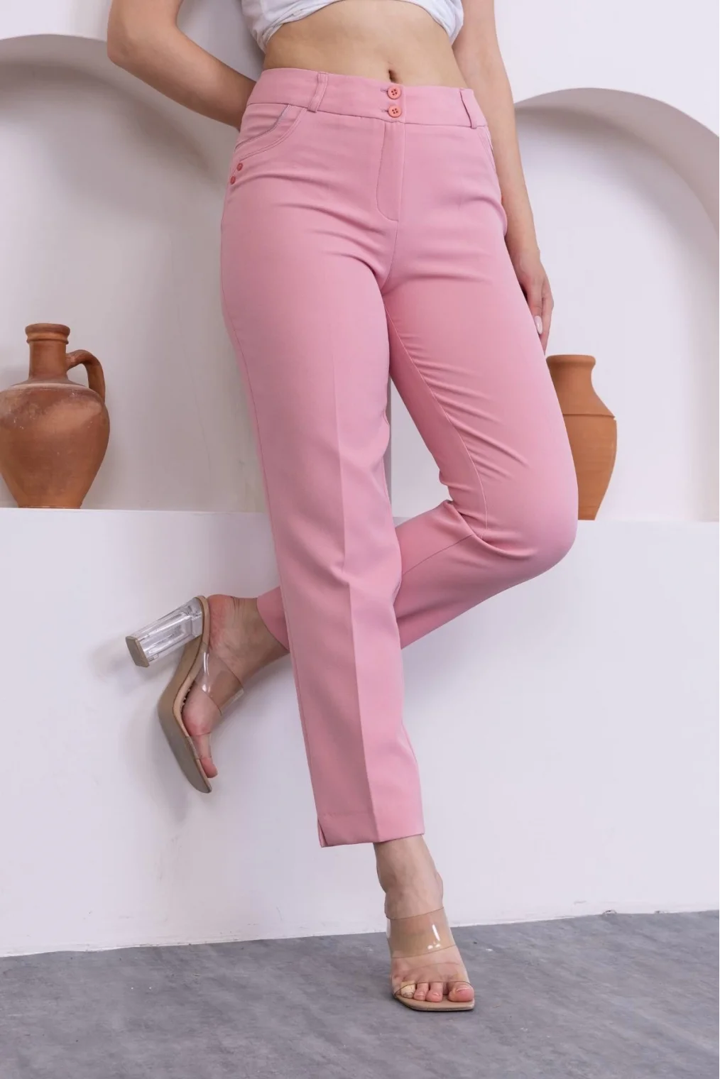 Cep Detaylı Bilek Boy Kadın Kumaş Pantolon 0101-Pudra