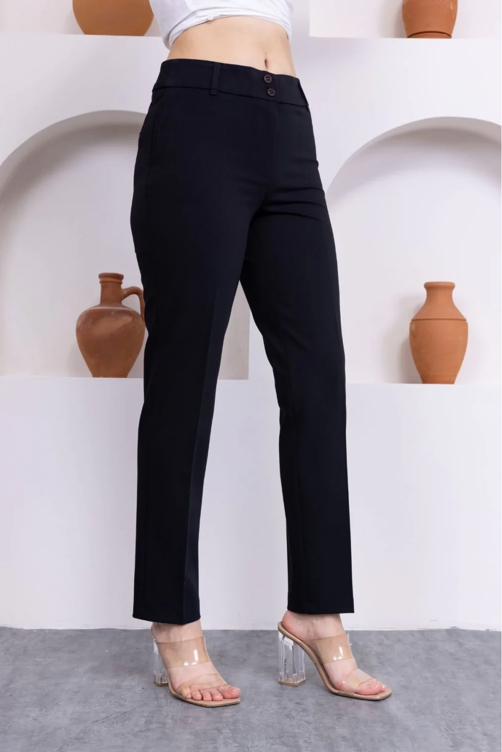 Cep Detaylı Bilek Boy Kadın Kumaş Pantolon 3144-Siyah