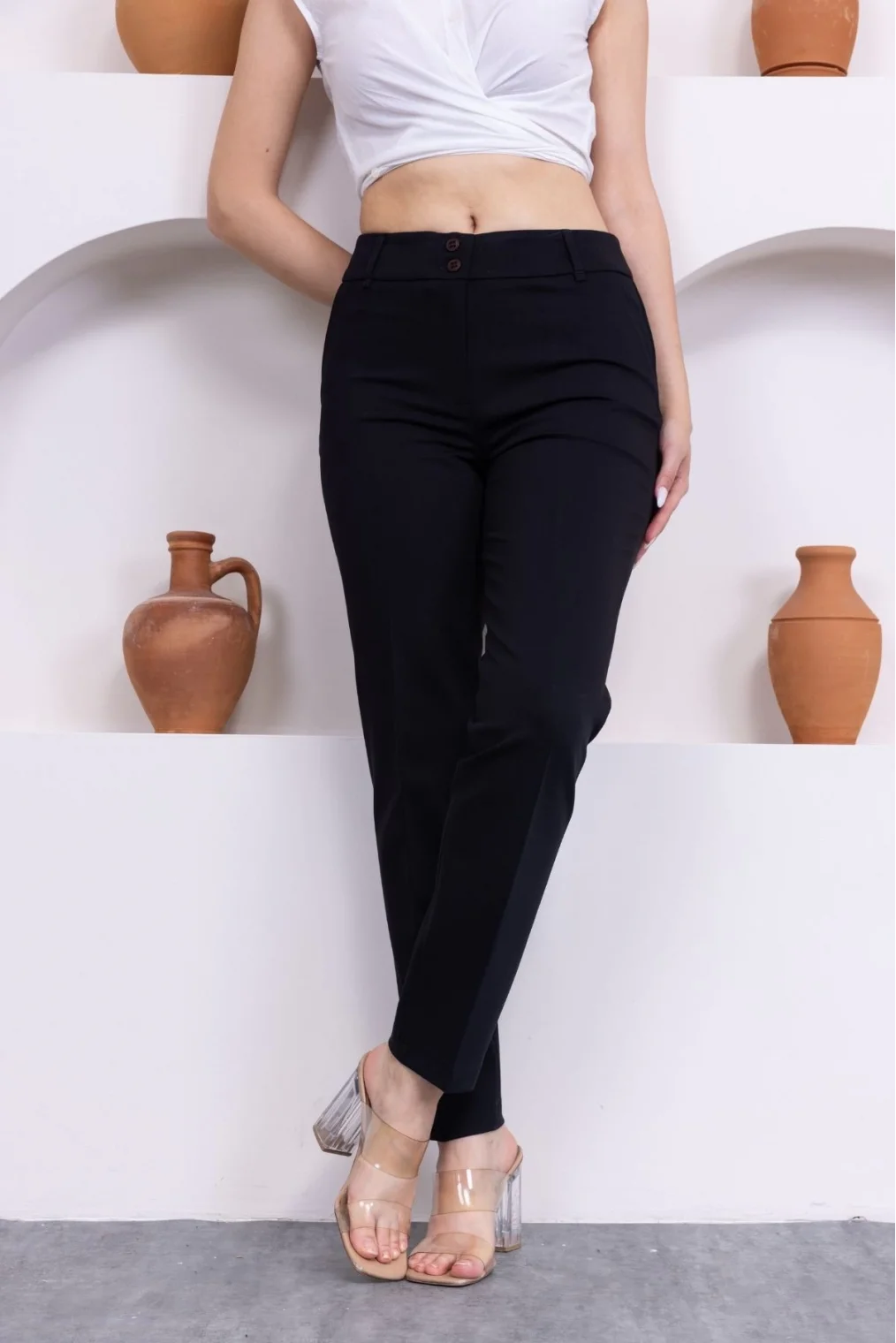 Cep Detaylı Bilek Boy Kadın Kumaş Pantolon 3144-Siyah