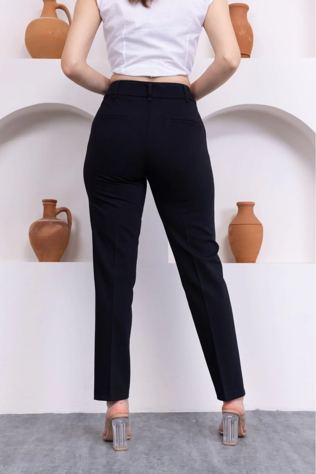 Cep Detaylı Bilek Boy Kadın Kumaş Pantolon 3144-Siyah