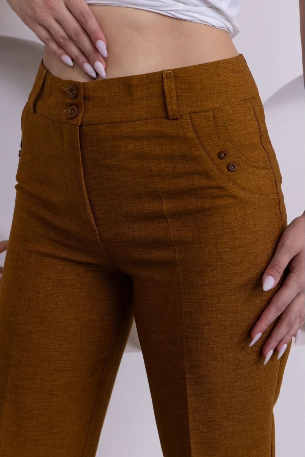 Cep Detaylı Bilek Boy Kadın Kumaş Pantolon 359-Kahverengi
